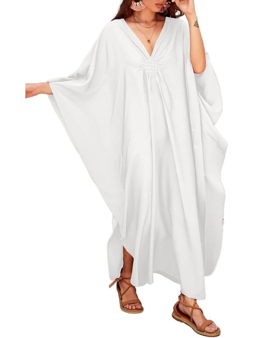 Women's Plus Size F White Kaftan Maxi Dress V Neck Batwing Swimsuit Cover Up